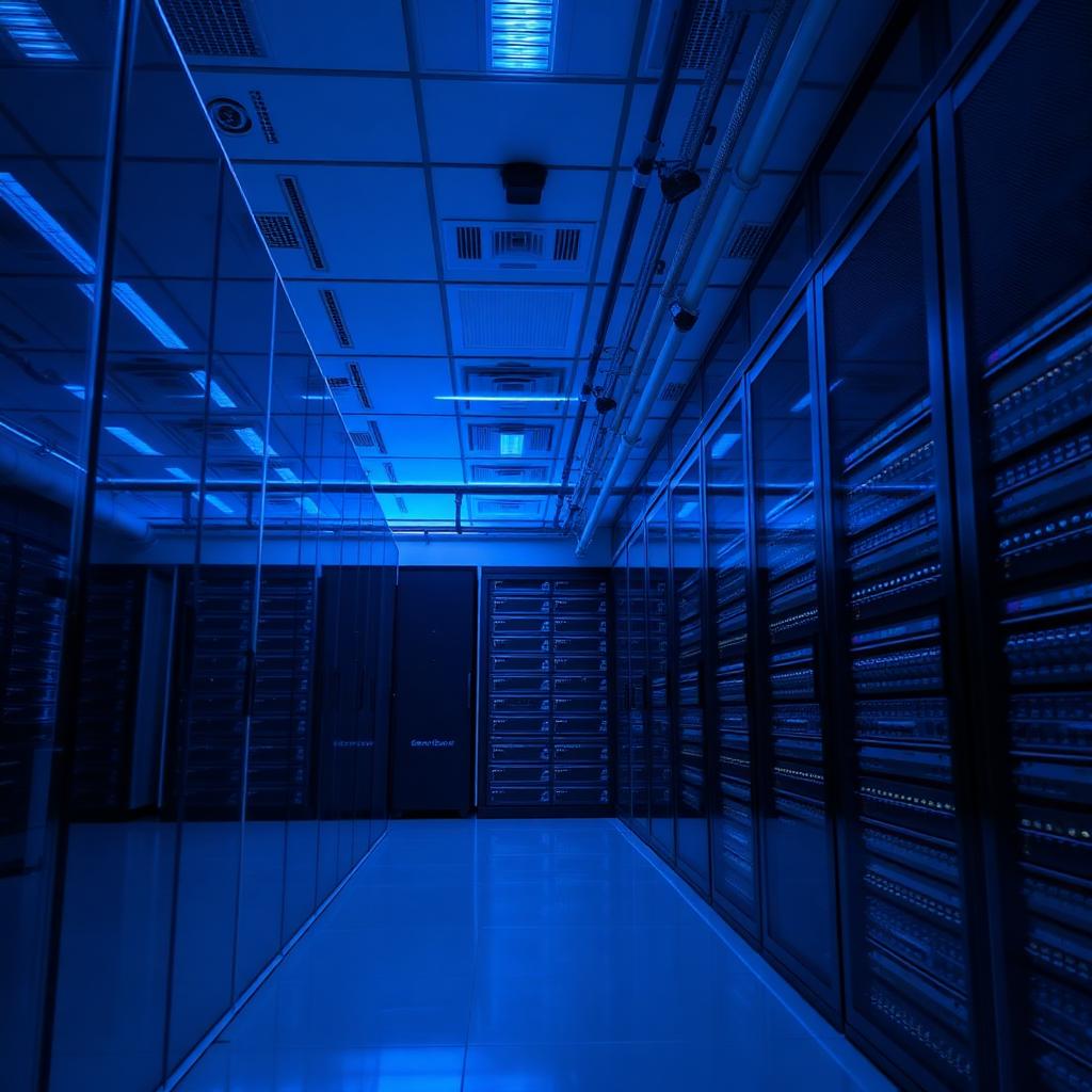 Modern data center with blue ambient lighting and rows of server racks